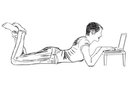 Sketch drawing of woman lying down and using laptop, Line art illustration of young girl using laptop in stylish pose, Silhouette of woman lying down and using laptopの写真素材