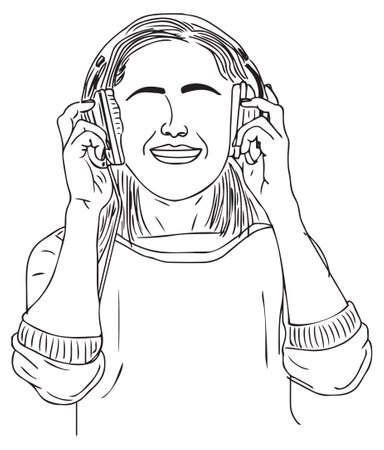 Sketch drawing of young girl listening music on headphones, Girl listening to music illustration, woman listening music on headphones silhouetteの写真素材