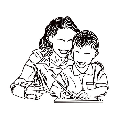 Mother and school boy learning vector silhouette, Sketch drawing of mother helping in writing to her son, Line art illustration of teacher teaches school kid how to writeの写真素材