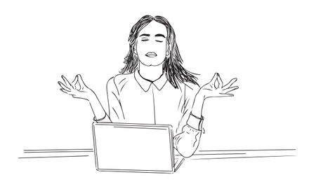 Professional Woman doing relaxing yoga while working on laptop Sketch drawing, woman doing meditation while working on laptop, Silhouette of yoga womanの写真素材