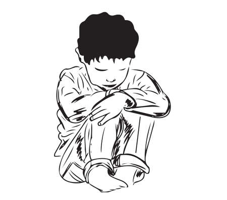 Sketch drawing of young kid sitting in sad pose, line art illustration of kid sitting in depressed pose, Silhouette of angry young boy sitting in sad poseの写真素材