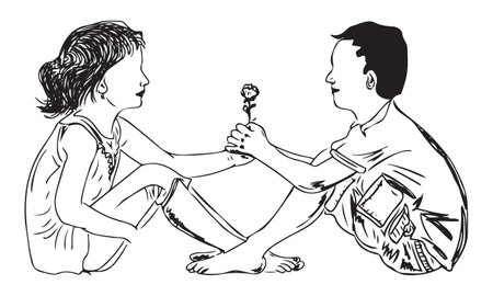 Sketch drawing of teenage boy and girl in lying pose, Line art Illustration of Teenage boy giving flower to his girl friend in love, Silhouette of young boy and girl in love pose, teenage young couple vectorの写真素材