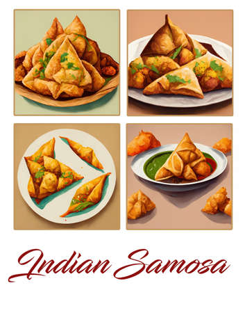 Indian street food samosa  illustration, Indian Samosa water color painting, Indian Somosa color sketch drawing, food illustrationの写真素材