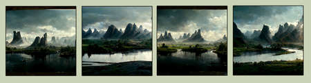 Landscape drawing, Landscape mountain, river and forest matte painting set for vfx and movie post production projectsの写真素材