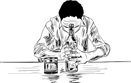 Man depressed with wine bottle sitting, sketch drawing of People abuse and alcoholism problems, Drunk man with empty wine bottle, outline vector illustration, wine clip art silhoueの写真素材