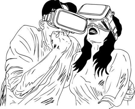 couple watching movie in virtual reality device stock image, wife excited husband wife teasing VR glasses, sketch drawing, vector illustration of Young couple in vr glassesの写真素材