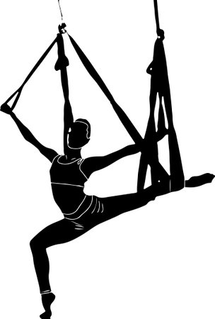 woman doing yoga on aerial silk cloth swing set, acrobat yoga on aerial swing sketch drawing, vector illustration of female acrobat, lady doing acrobat in air cartoon clip artの写真素材