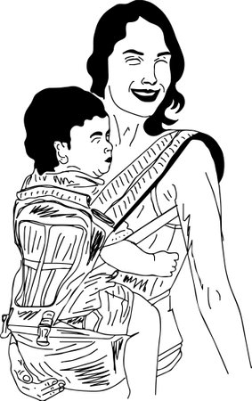 Hand Drawn Line Illustration of a Woman Carrying a Baby in a Sling. lady holding her new born baby in Cool Air Mesh baby carrier bag outline vectorの写真素材
