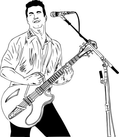 Rockstar singer holding guitar and singing images stock, Singers holding guitar and singing on microphone vector illustration, sketch drawing of Rock star celebrity on the main staの写真素材