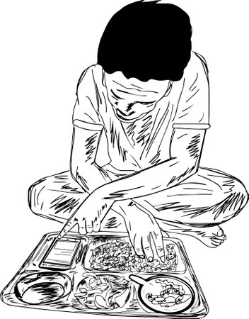 Mobile addiction vector illustration, sketch drawing of an Indian boy using a mobile while eating food, mobile addicted boy cartoon doodle silhouetteの写真素材