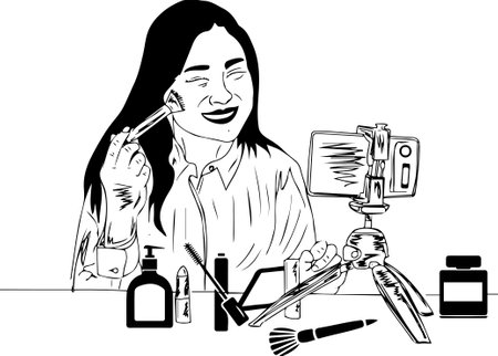 woman makeup artist making vlog in mobile stock image, woman fashion vlogger cartoon doodle clip art, woman makeup artist making vlog sketch drawing silhouetteの写真素材