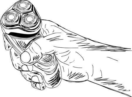 Vector illustration of barber's hand holding an electric razor; sketch drawing of hand holding an electric razor; barber's tools silhouette; electric razor clip art and symbolの写真素材