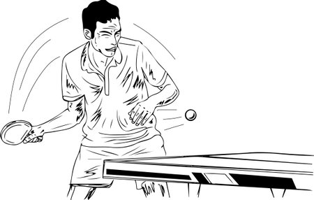 A vector illustration of a professional table tennis player in action. Sketch drawing of    player. Table tennis player doing service cartoon drawingの写真素材