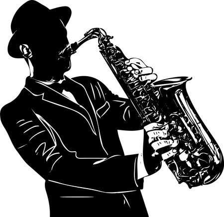 Vector illustration of a man holding a saxophone, a musician playing a saxophone sketch drawing silhouette, a saxophone clip art and symbolの写真素材
