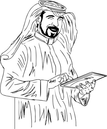 vector illustration of an arab man holding a tab, sketch drawing of an arab rich man holding a tablet, cartoon doodle drawing of a modern arab business man using internet service oの写真素材