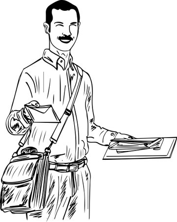 postman holding mail letter, continuous outline vector illustration silhouette of Delivery man with mail bag holding an envelope, mail boy holding letter sketch drawing, Postman plのイラスト素材