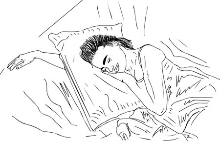 Young woman holding pillow while sleeping, girl hugging pillow continuous outline vector illustration, Woman holding pillow while relaxing on bed at home sketch drawing silhouetteのイラスト素材