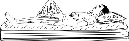 sleeping on a comfortable mattress and pillow, outline vector illustration of sleeping peacefully on a floating mattress, sketch drawing of a man sleeping in bed, sleeping positionのイラスト素材