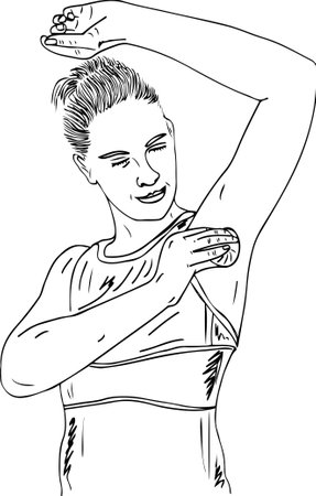female beauty clipart and symbol of a young woman applying deodorant to her armpit; girl cleaning her armpit outline vector illustration; woman's hair removal sketch drawing; femalのイラスト素材