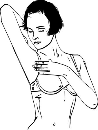 woman showing her hairless armpit; deodorant armpit underarm outline vector illustration; young girl sketch drawing her underarm; female beauty clip art symbolのイラスト素材