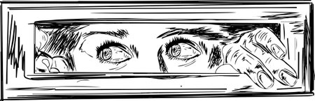 A Terrified Woman Peering Out a Wooden WindowShutters, afraid girl's eyes expression outline vector illustration, sketch drawing of a worried woman watching through a door, scaredのイラスト素材