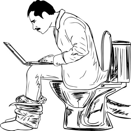 A man sitting on a toilet seat and working on a laptop. An outline vector illustration of a businessman working on a laptop while sitting on the toilet. , Sketch cartoon drawing ofのイラスト素材