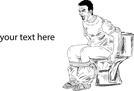 Piles Patient sitting on toilet seat outline vector illustration, man sitting on toilet seat with painful expression due to constipation or diarrhea, man on toilet clip artÂ のイラスト素材