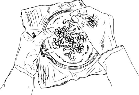woman hand doing embroidery, female in knitted woolen clothes doing cross-stitch hand work, Beautiful floral flower hand embroidery needle cross stitch needle work , sketch, vectorのイラスト素材