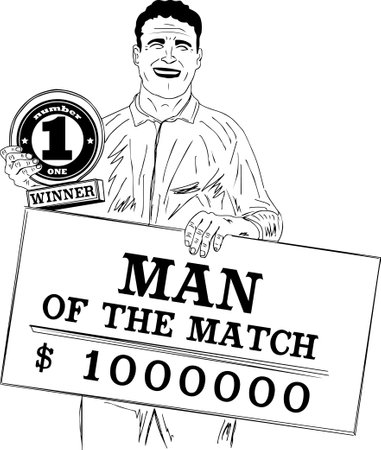 Cricket match player holding man of the match trophy and winner cheque, Winner sportsman holding winner trophy and prize money cheque outline vector illustration, winner cricketerのイラスト素材