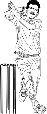 cricket spin bowling action, Leg spin bowling action outline vector illustration, spin bowling sketch drawing, cricket bowler cartoon silhouetteのイラスト素材