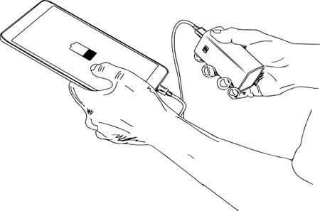 The man has the phone and the charger in his hands. outline vector illustration, powerbank and smartphone in hand sketch drawing, clip art of a power saving deviceÂ のイラスト素材