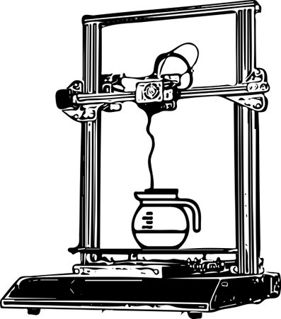 3d printing machine silhouette, 3d printer at work on a bonsai tree table, 3d model printing, sketch...