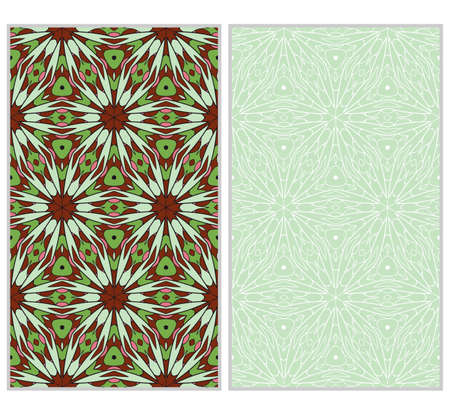 set of 2 vertical seamless patterns. The left is a colored pattern in the style of a kaleidoscope mosaic. The right a lacy texture with floral ornament.  illustration.のイラスト素材