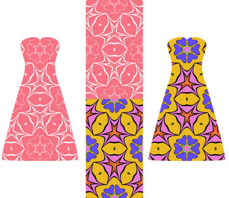 set of two types of seamless geometric patterns, and two versions of a summer female dress with an open top decorated with these patterns. vector illustarionのイラスト素材