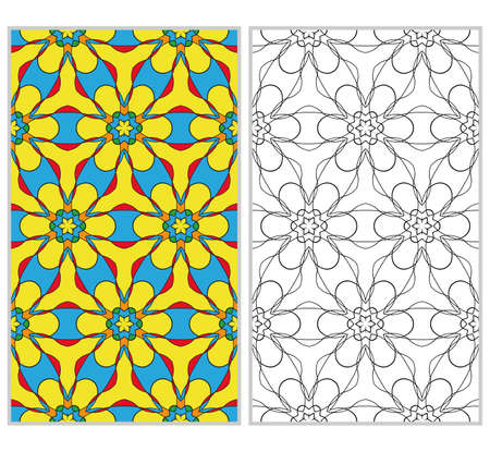 set of 2 of seamless patterns. The left element is a colored pattern in the style of a kaleidoscope mosaic. The right element is the contour of the left in the form of a lacy texture with floral ornament.のイラスト素材
