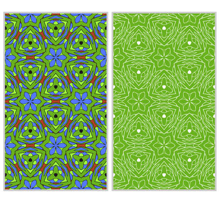 set of 2 vertical seamless patterns. The left is a colored pattern in the style of a kaleidoscope mosaic. The right a lacy texture with floral ornament. vector illustration.のイラスト素材