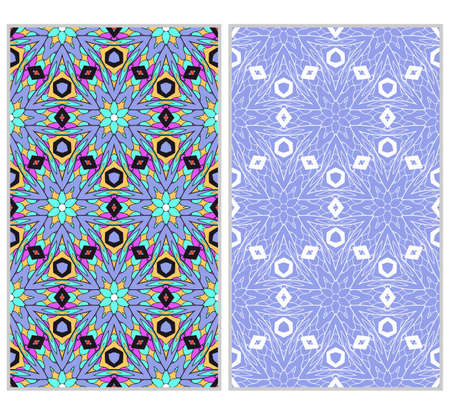 set of 2 vertical seamless patterns. The left is a colored pattern in the style of a kaleidoscope mosaic. The right a lacy texture with floral ornament. vector illustration.のイラスト素材