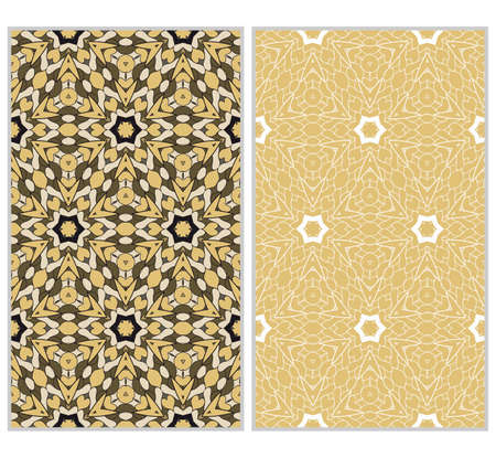 set of 2 vertical seamless patterns. The left is a colored pattern in the style of a kaleidoscope mosaic. The right a lacy texture with floral ornament. vector illustration.のイラスト素材