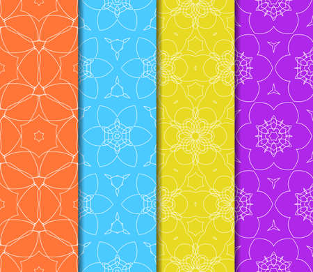 Set of 4 vertical lace pattern with elements of floral ornament. Different colored bases. illustration, For decorating invitations, fashion design and textiles.のイラスト素材