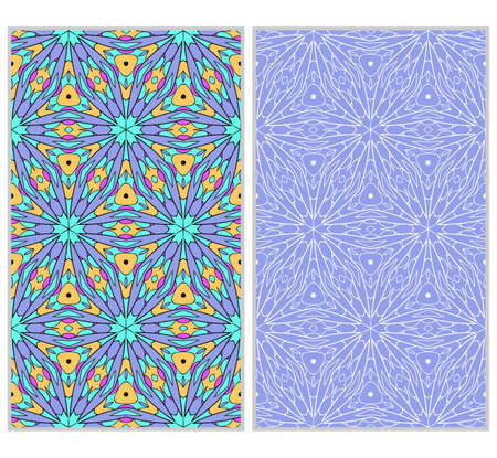 set of 2 vertical seamless patterns. The left is a colored pattern in the style of a kaleidoscope mosaic. The right a lacy texture with floral ornament. vector illustration.のイラスト素材