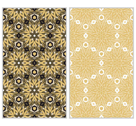 set of 2 vertical seamless patterns. The left is a colored pattern in the style of a kaleidoscope mosaic. The right a lacy texture with floral ornament. vector illustration.のイラスト素材