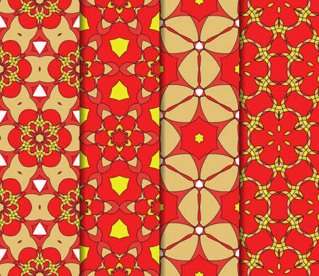 set of geometric pattern in floral lace style. Ethnic ornament. Vector illustration. For modern interior design, fashion textile print, wallpaper, decor panel. red, gold, yellow colorのイラスト素材