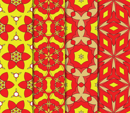 set of geometric pattern in floral lace style. Ethnic ornament. Vector illustration. For modern interior design, fashion textile print, wallpaper, decor panel. red, gold, yellow colorのイラスト素材