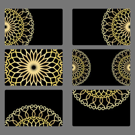 Set of templates business card or invitation card with lace ornament. Abstract floral mandala pattern and ornaments in gold and black colorのイラスト素材