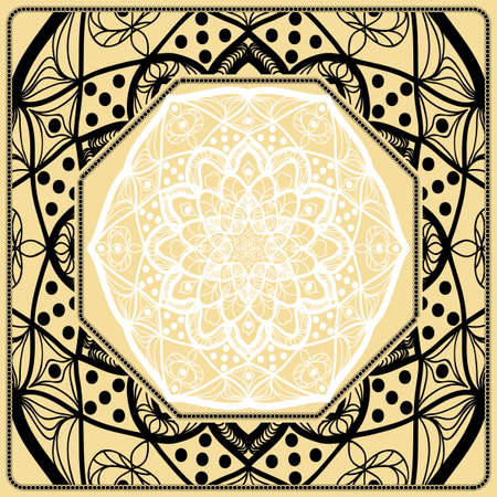 Vector illustration. Pattern with floral Mandala, Decorative Border. Design for print Fabric. Black, gold, white colorのイラスト素材