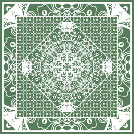 Decorative Square Template for Fabric Print. Azhure floral pattern. Vector illustration for fabric, bandana, carpet and shawl design in green color.のイラスト素材
