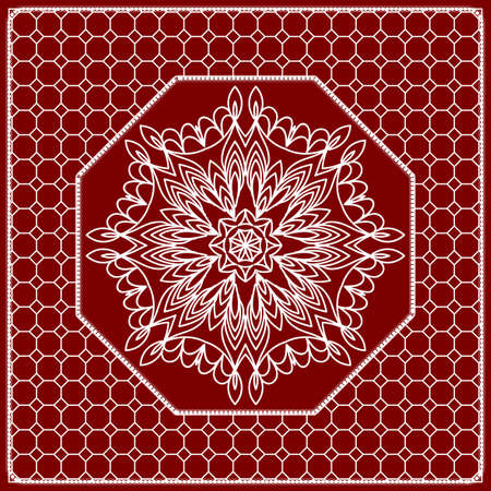 Red mandala background, geometric pattern with ornate lace frame. Vector illustration.のイラスト素材