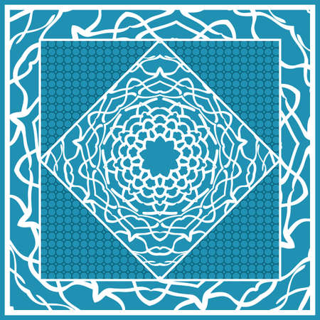 Design print for Pillow. Vector Illustration. Pattern with Geometric Lace Floral Ornament. For fabric, textile, bandana, scarg, carpet print. Blue colorのイラスト素材