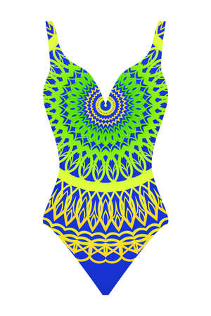 Vector illustration of female swimsuit. modern print with mandala. fashion designのイラスト素材