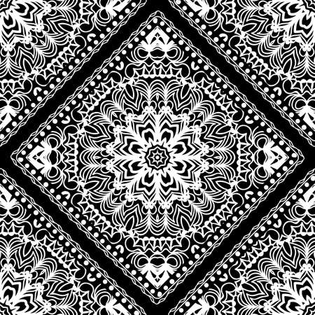 Seamless mandala floral pattern for design. vector Illustration. Black, white. For scrapbooking, wallpaper, cases for smartphones, print, surface texture, pillows, bags.のイラスト素材